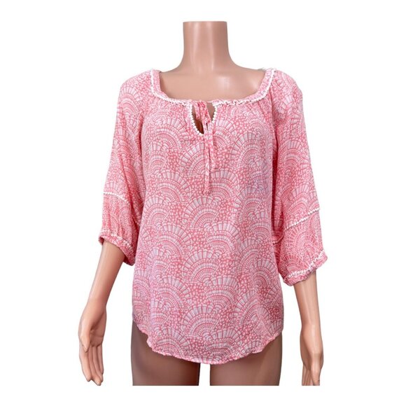 Crown & Ivy Women sz L Petite  Coral Top Blouse Tie Collar Neck Crochet Detail - Picture 12 of 15